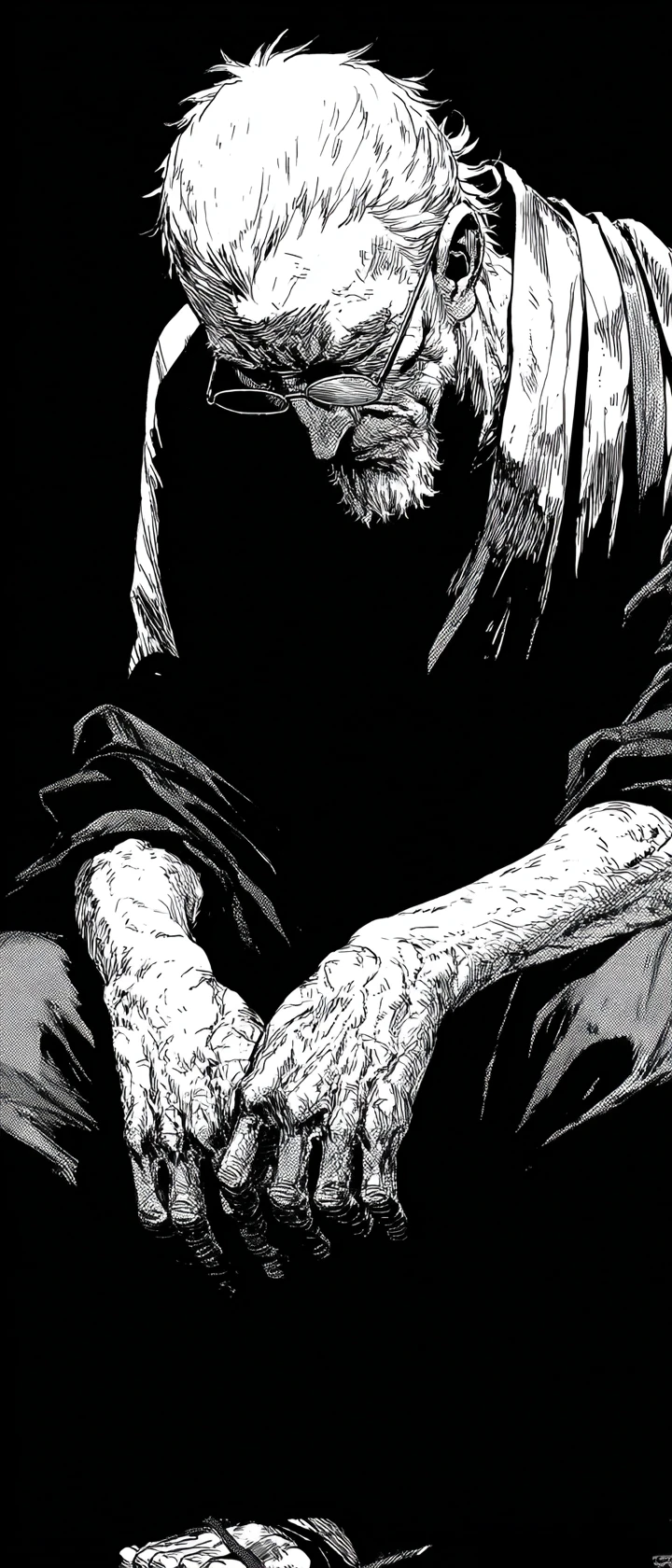 Retrato anime en blanco y negro de un hombre mayor cansado