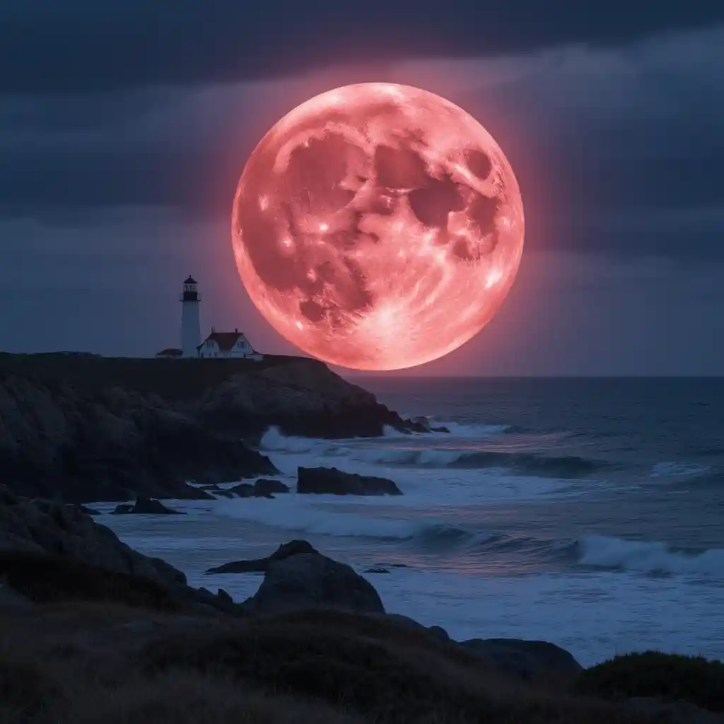 Luna di fragola che sorge dietro un faro bianco e le onde del mare