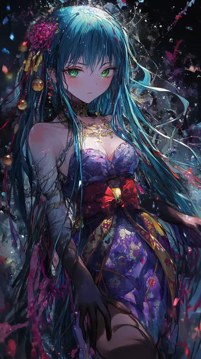 Chica de anime con largo cabello azul y atuendo púrpura floral