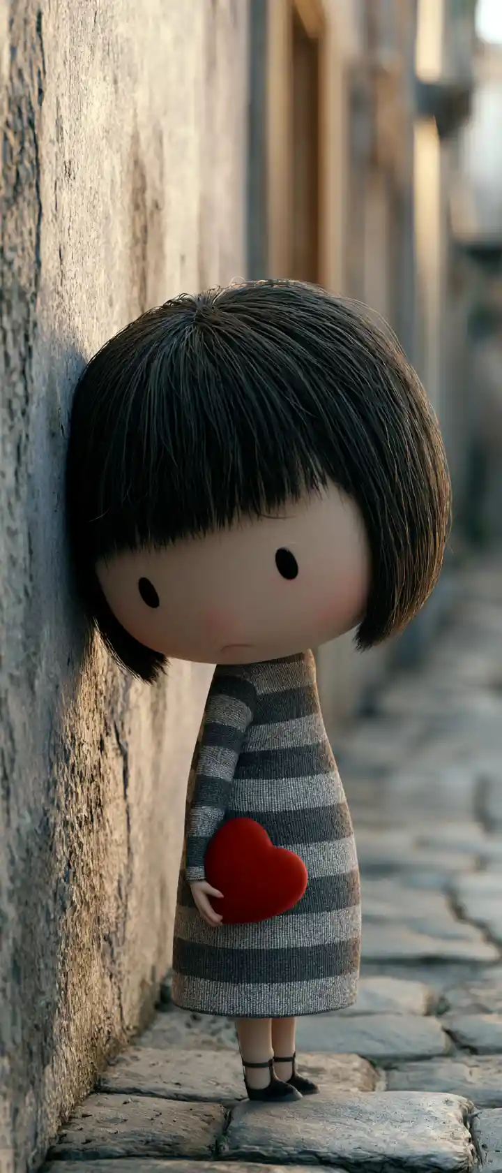 Sad baby girl with red heart on an old street wall