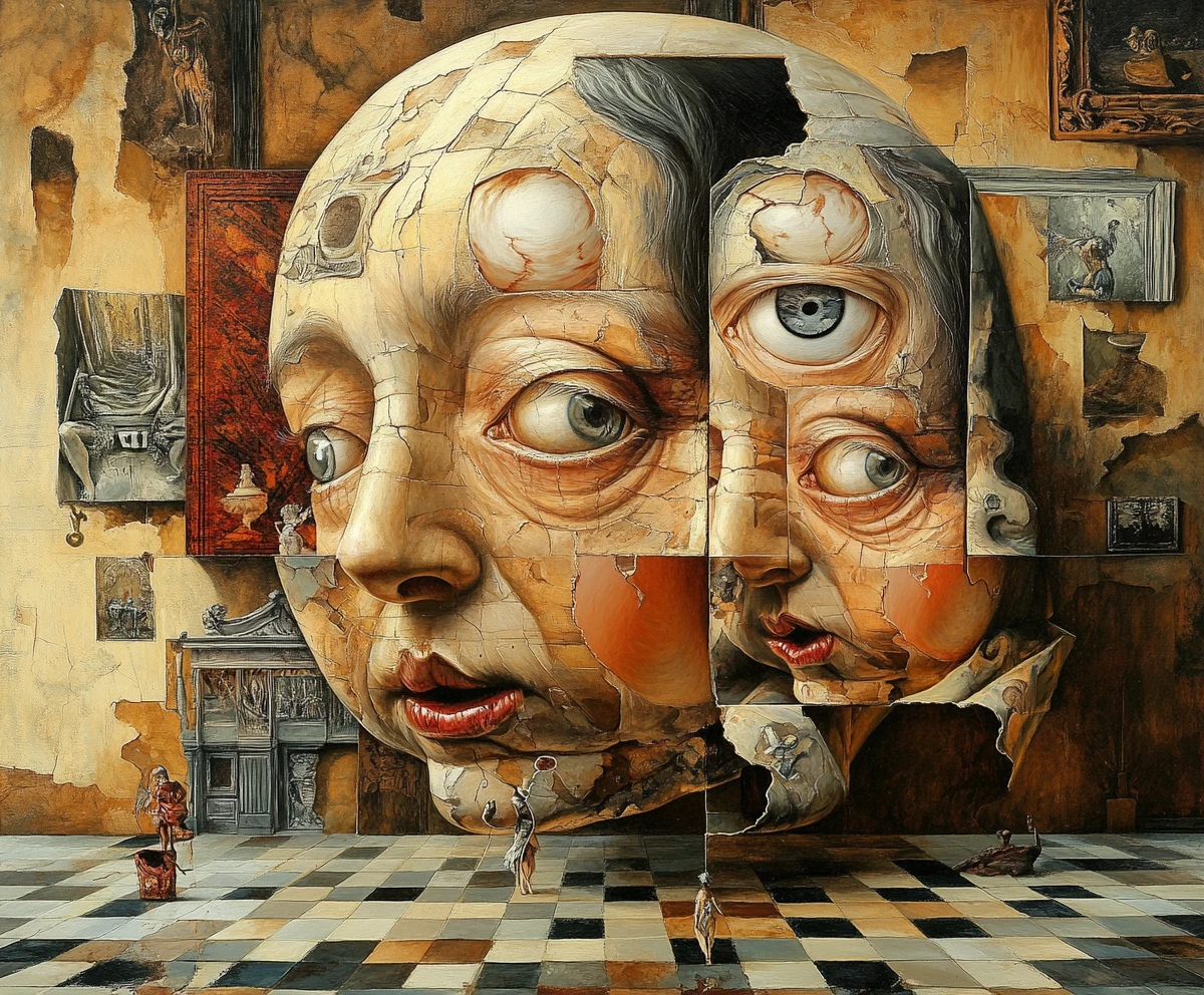 Surreal illusion of a mother and child in shifting forms