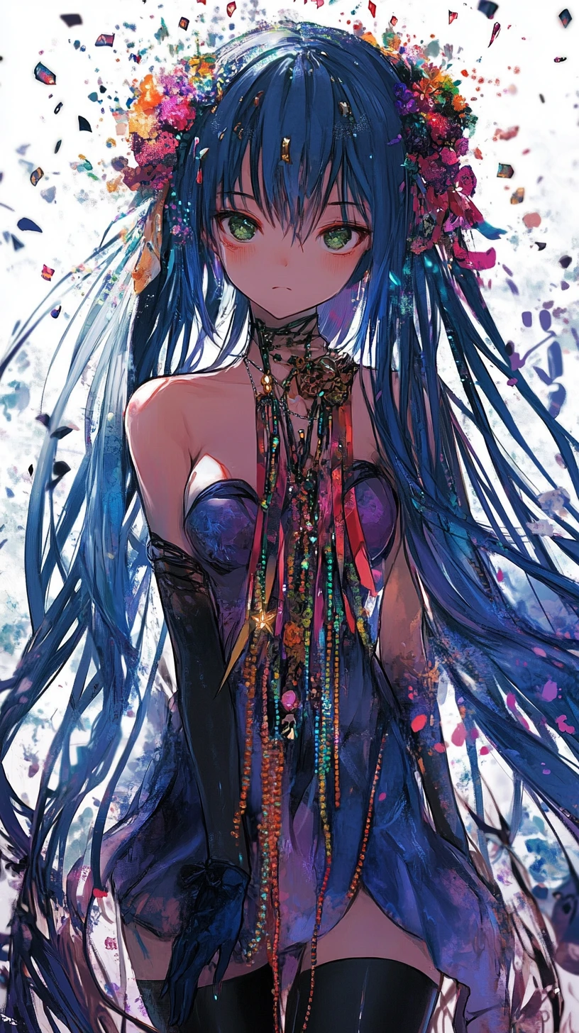 Anime girl with blue hair and floral purple outfit