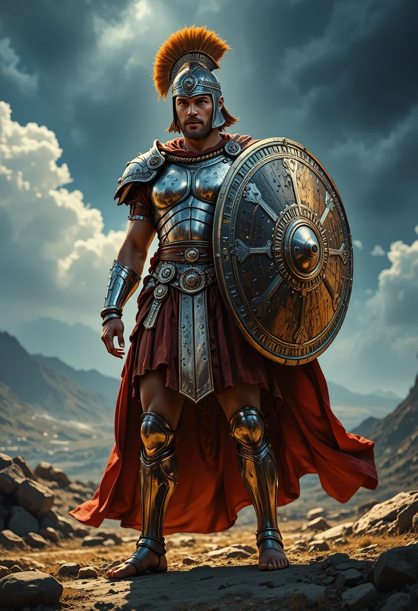 Armored warrior lifting a radiant moonlike shield