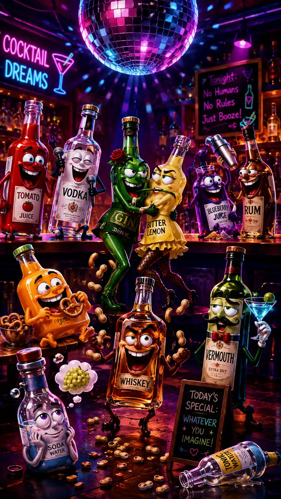 Anthropomorphic bottles partying in a neon lit night bar