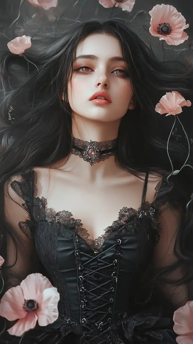 Dark romantic girl with black lace dress and poppy flowers