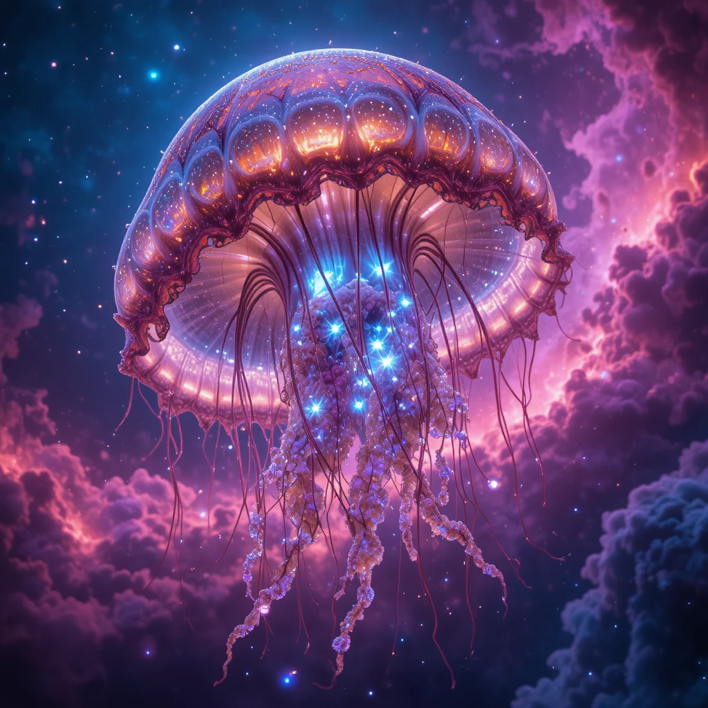 Colossal Glass Jellyfish Floating In A Neon Cosmic Nebula