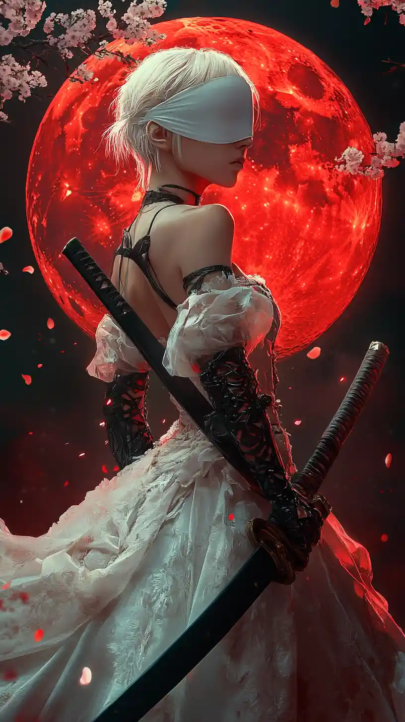 Blindfolded white haired warrior woman before a red moon