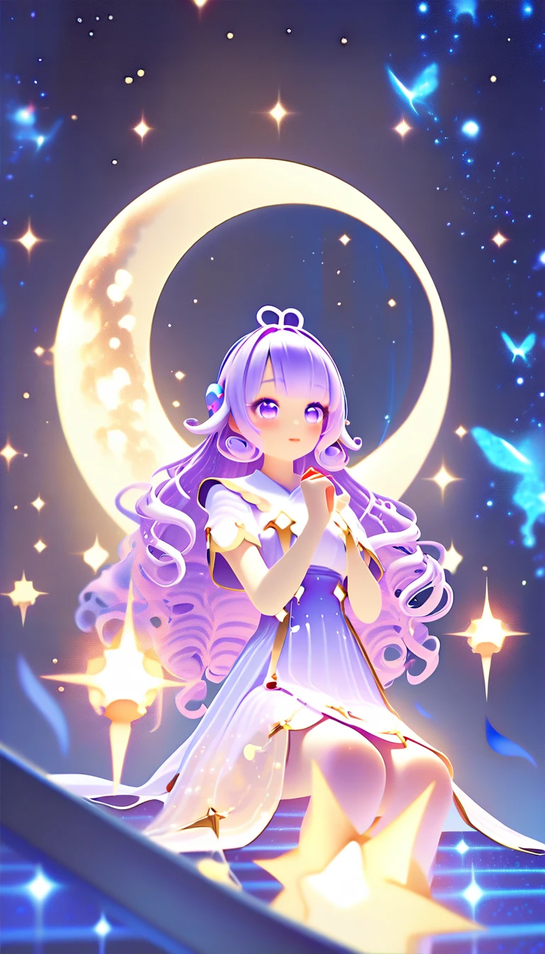 Celestial fairy on glowing crescent moon in deep nebula