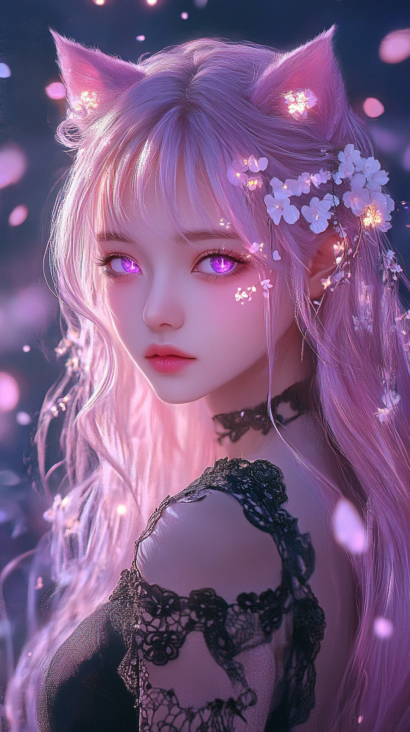 Anime girl with glowing pink hair and purple eyes