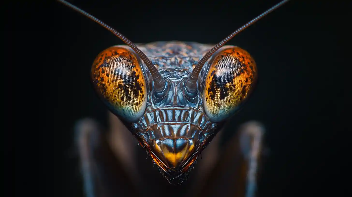 Macro close up of a praying mantis face in shadow