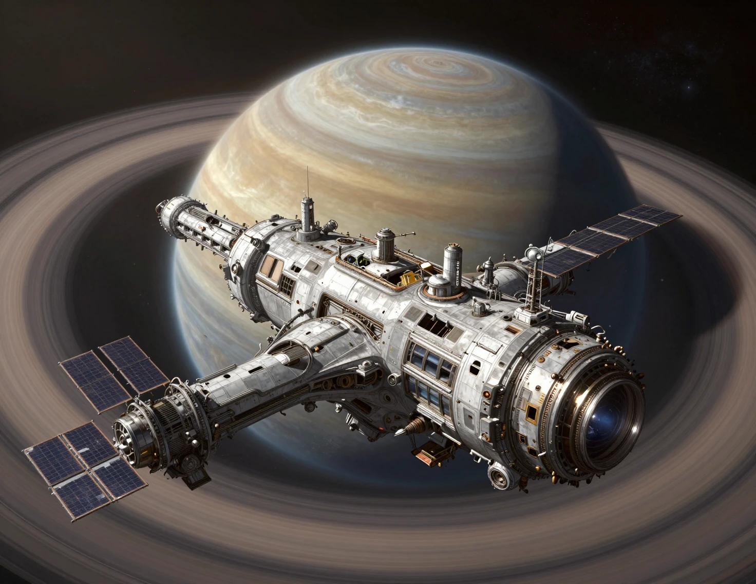 Abandoned space station orbiting a vast ringed gas giant