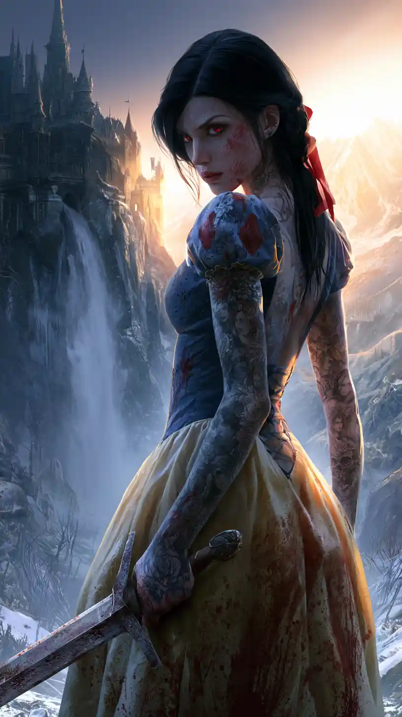 Dark anime warrior princess before a distant gothic castle