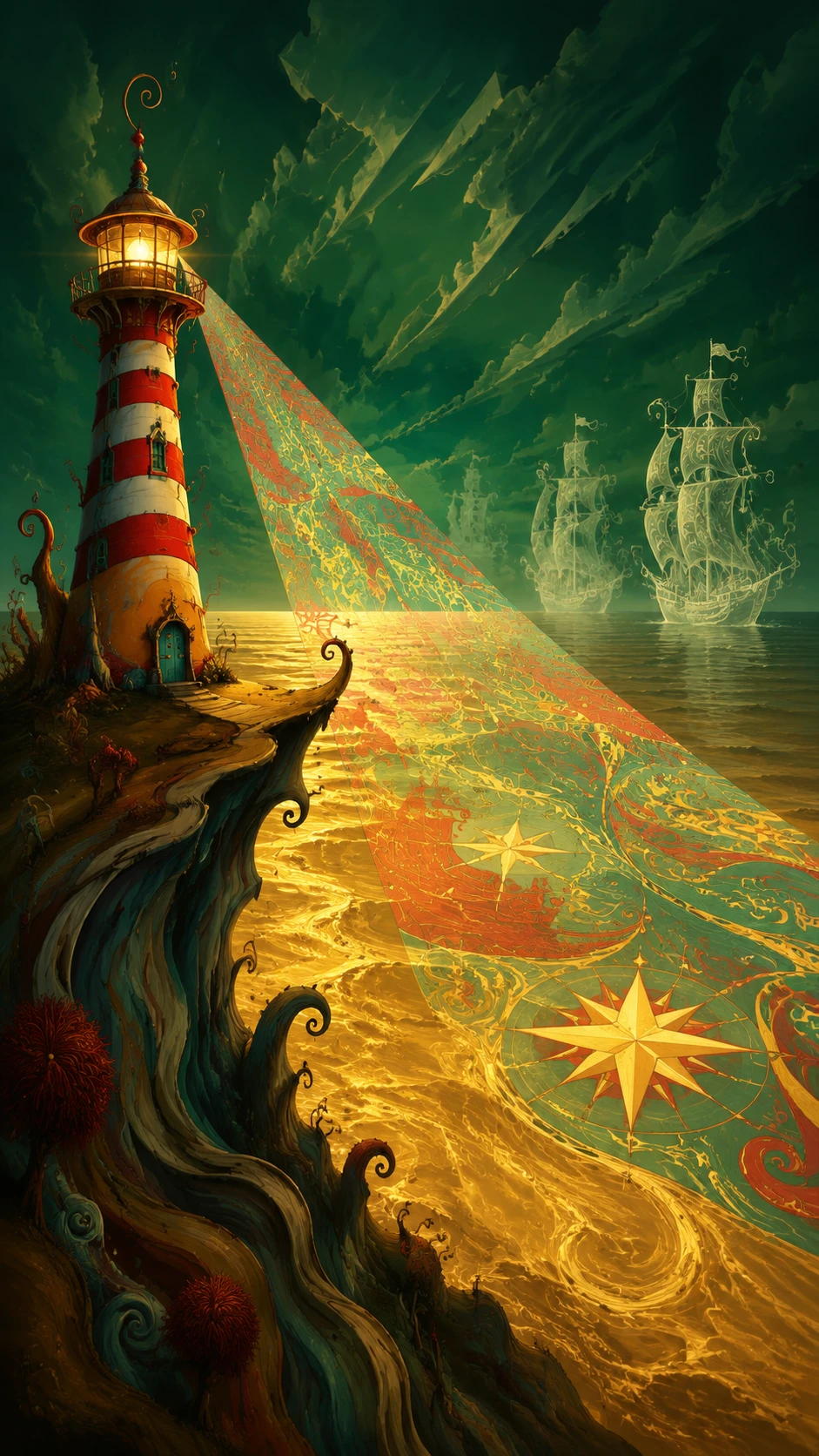 Colorful lighthouse above a sea of molten gold