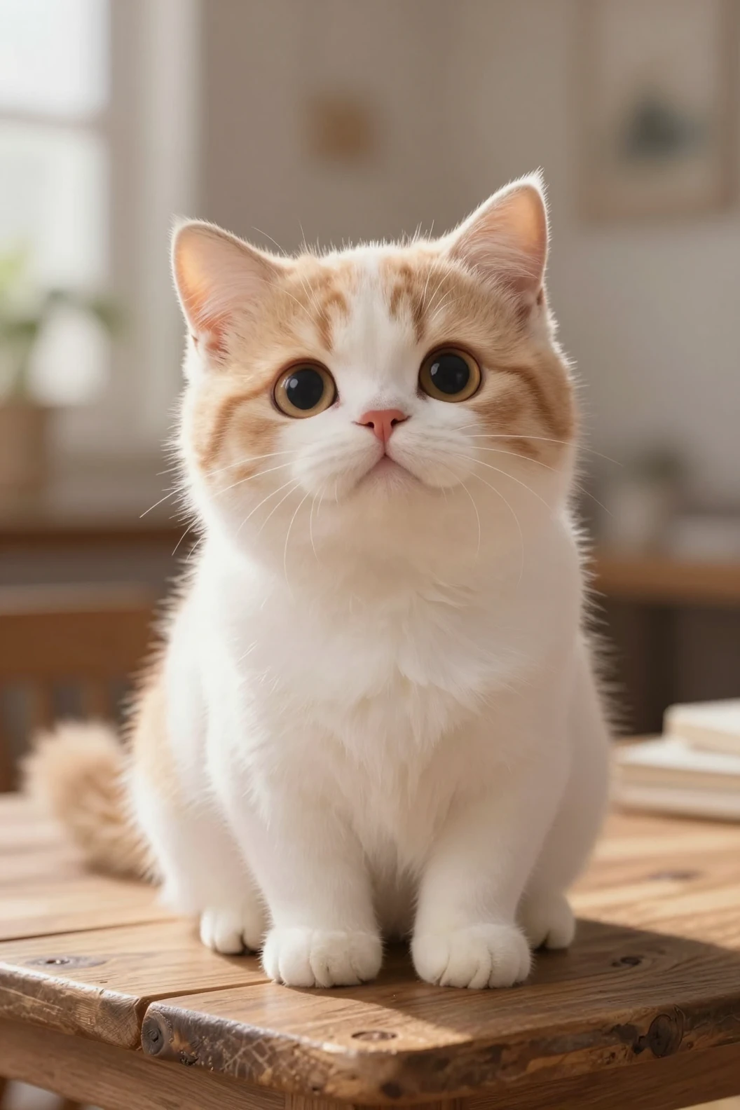 Cute 3D kitten on wooden table in warm sunlight