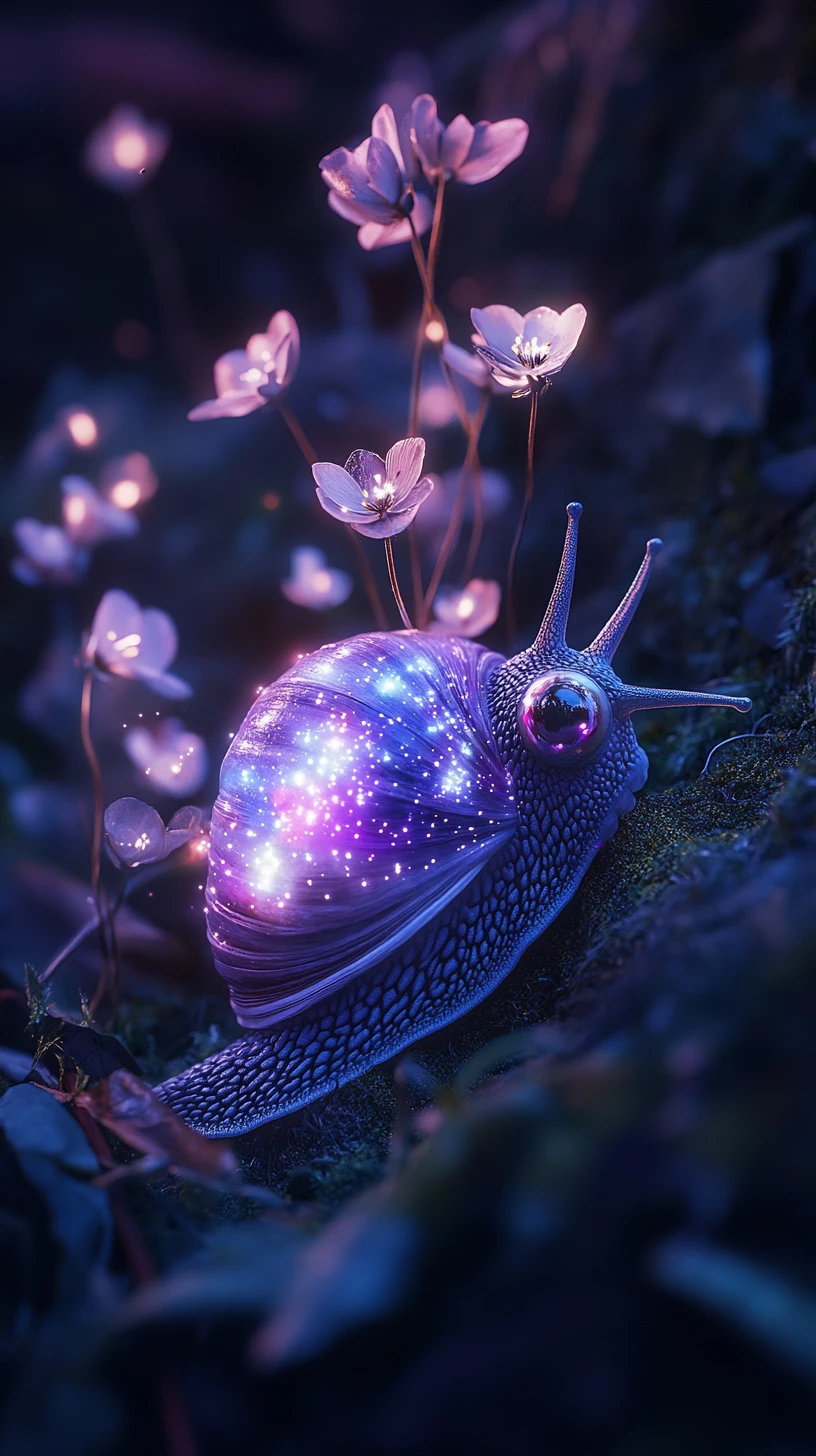 Small galaxy snail crawling across glowing forest mushrooms