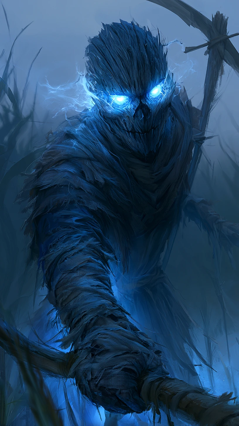 Menacing scarecrow creature in a misty twilight cornfield