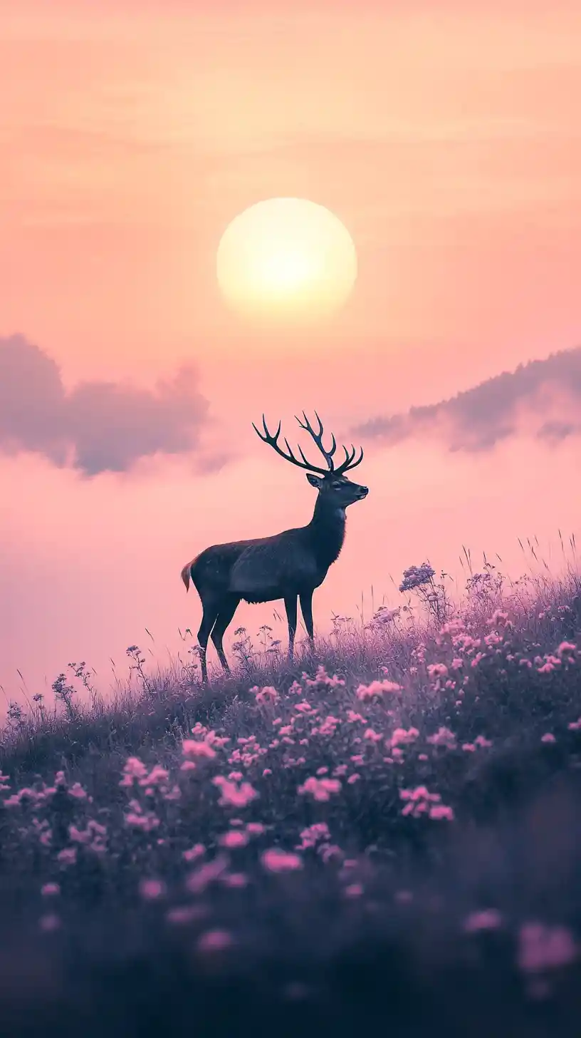 Deer Standing On A Flowered Hill At Soft Pastel Sunrise