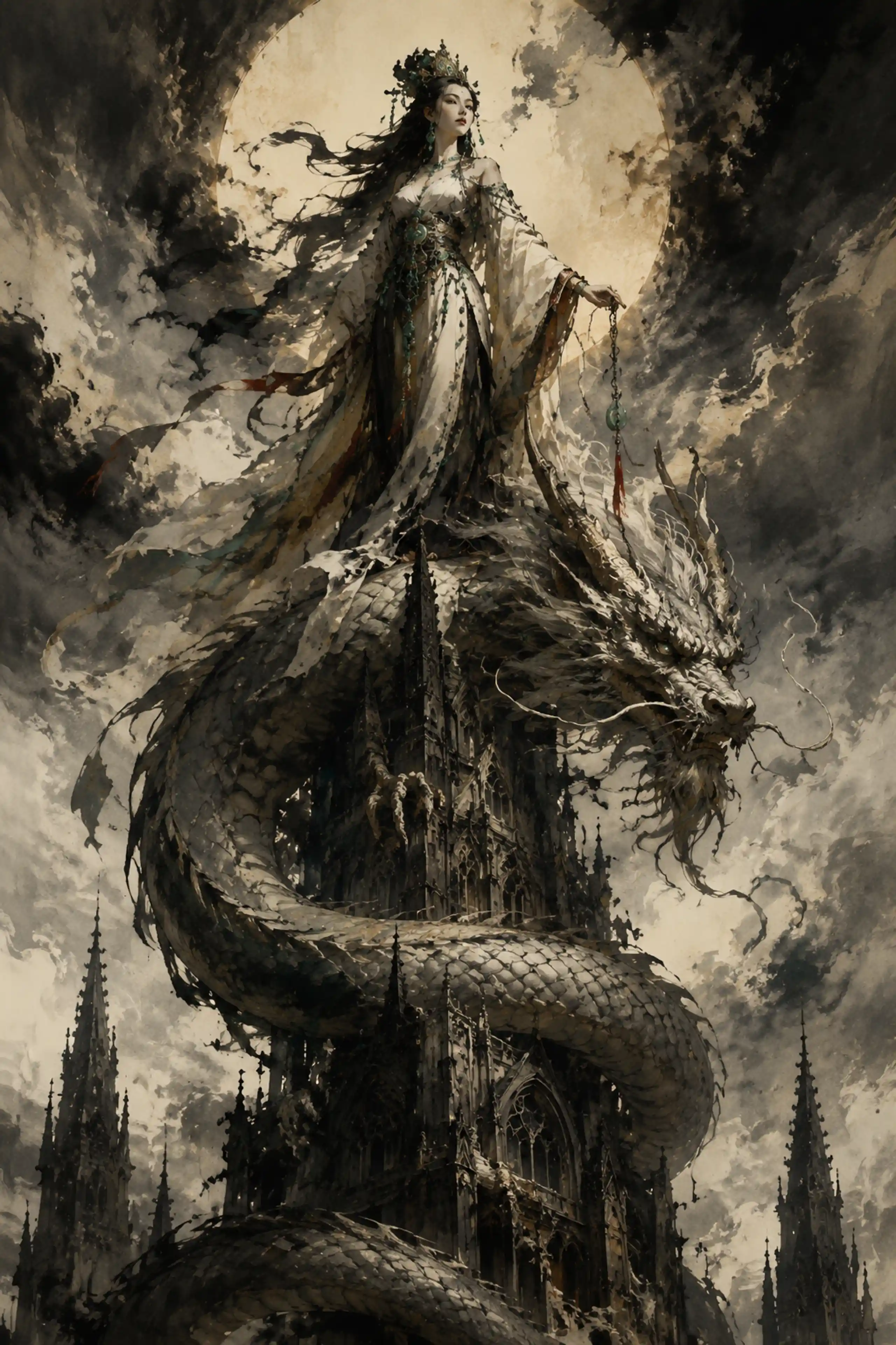Chinese goddess standing on ancient dragon above gothic spire