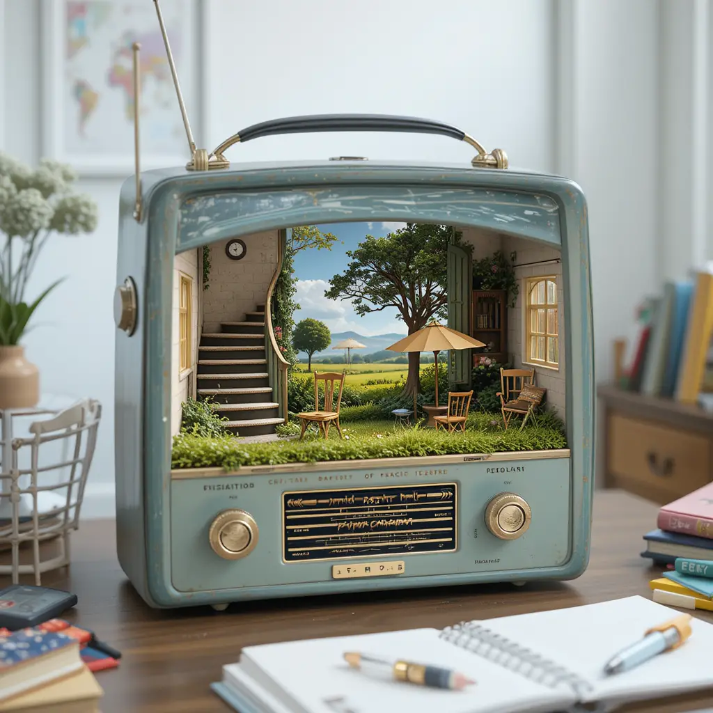 Miniature garden room hidden inside a vintage radio