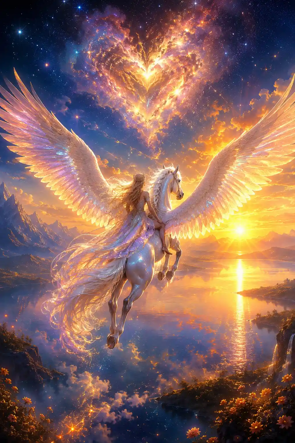 Pegaso che plana sopra un lago all’alba nella luce dorata