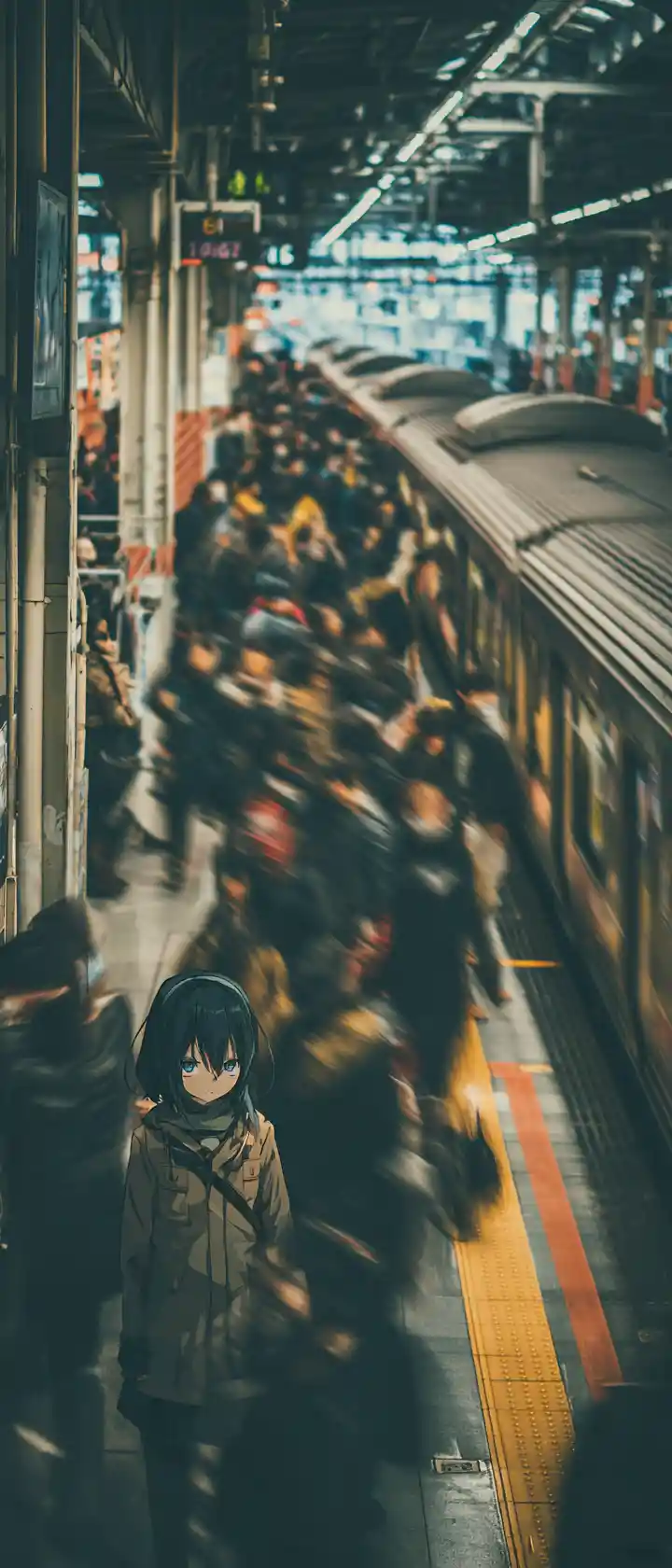 Ragazza anime ferma in una stazione affollata