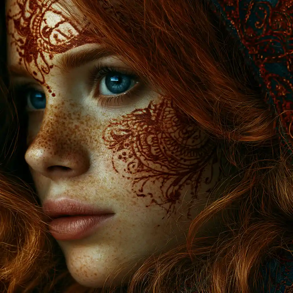 Melancholic girl with henna tattoos and sad blue eyes