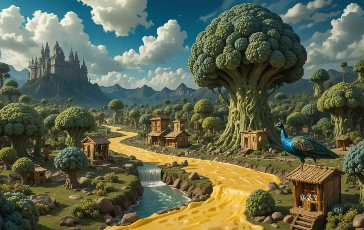 Surreal Cheese Rivers Flowing Through Broccoli Forest