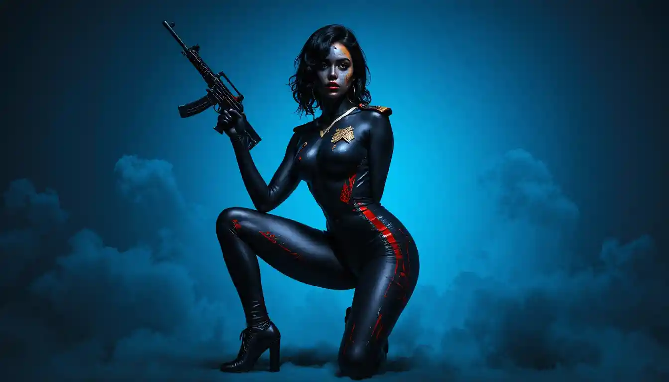 Woman in naval body paint holding assault rifle confidently