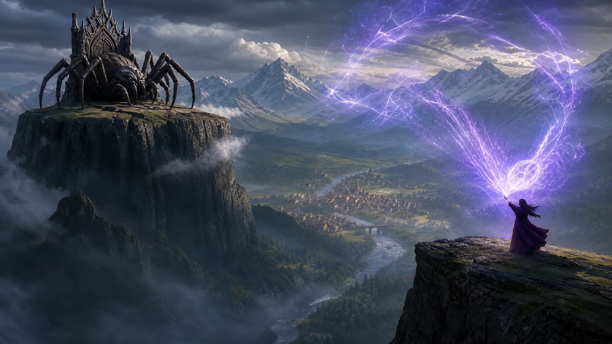 Ragno Gigante su Trono di Ossidiana sopra una Valle Montana