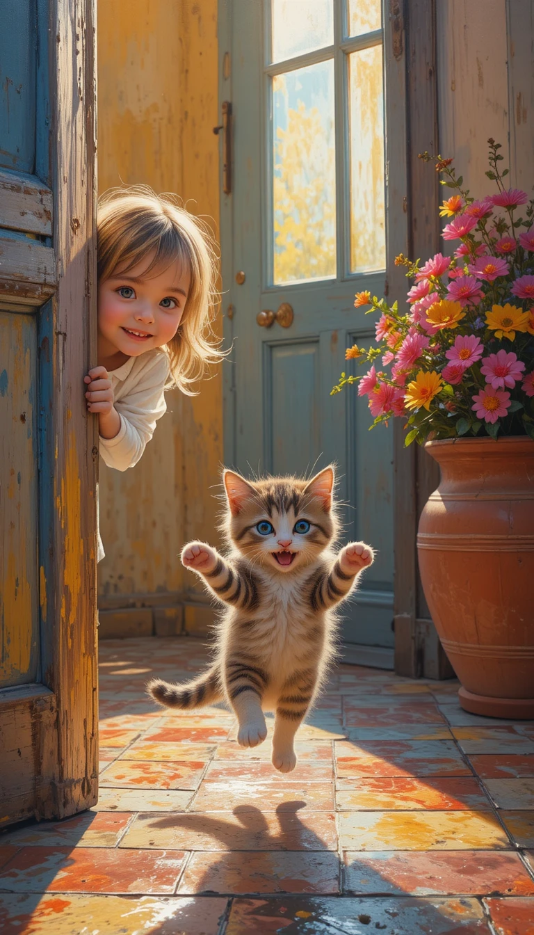 Little girl and leaping kitten in a sunlit painted room