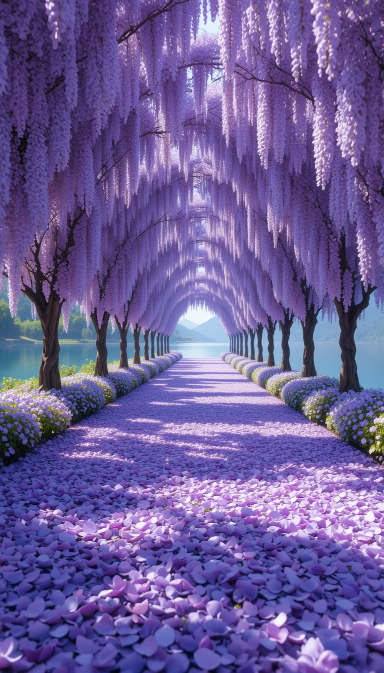 Wisteria Flower Tunnel Beside A Tranquil Blue Lakeside Path