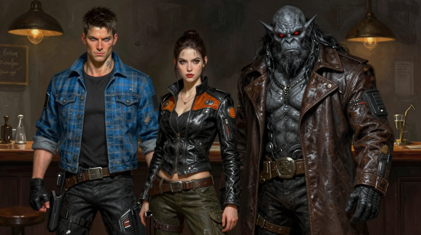 Three space fantasy warriors in a gritty bar interior
