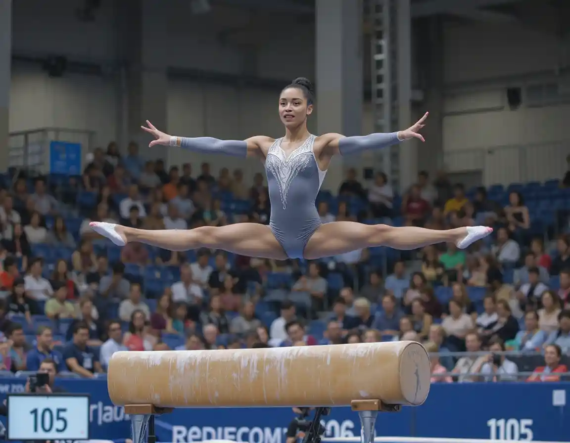 Female gymnast performing split on balance beam in arena