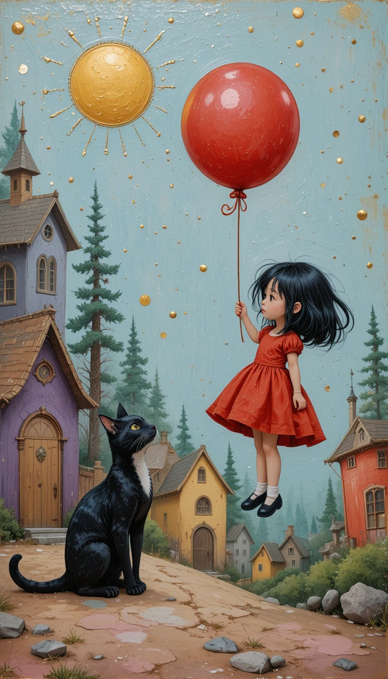 Whimsical girl floating with a red balloon over quirky houses