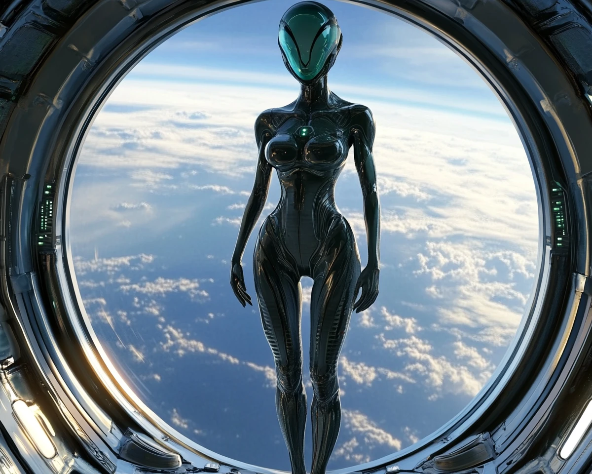 Alien woman standing on a spaceship bridge above Earth