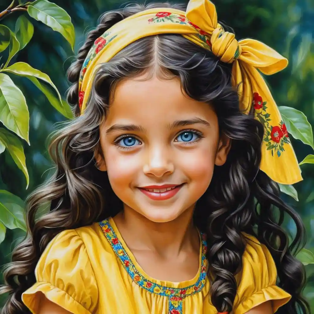 Smiling blue eyed girl in yellow summer dress illustration