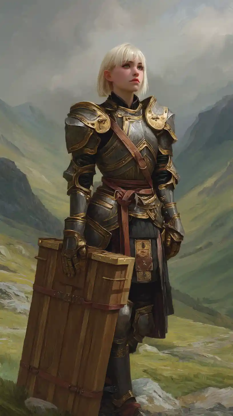 Fantasy paladin woman in ornate armor on grassy hillside