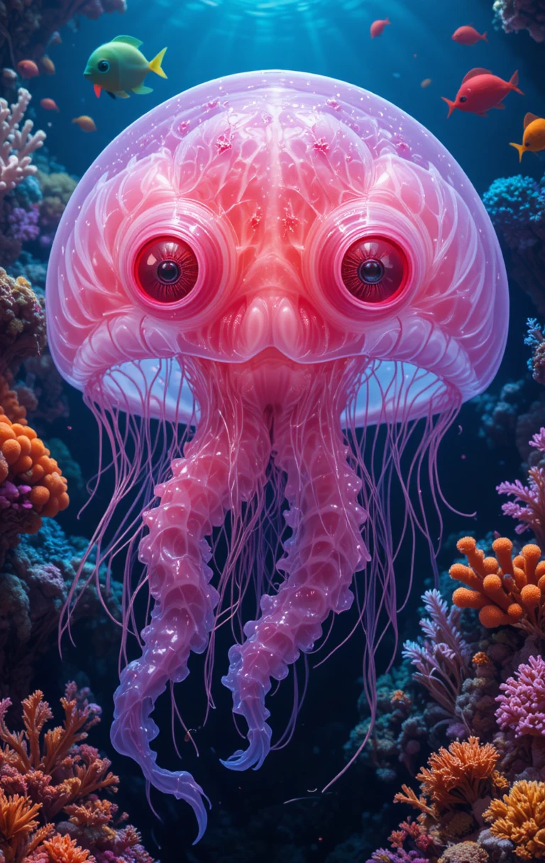 Giant pink jellyfish with eerie eyes in deep ocean