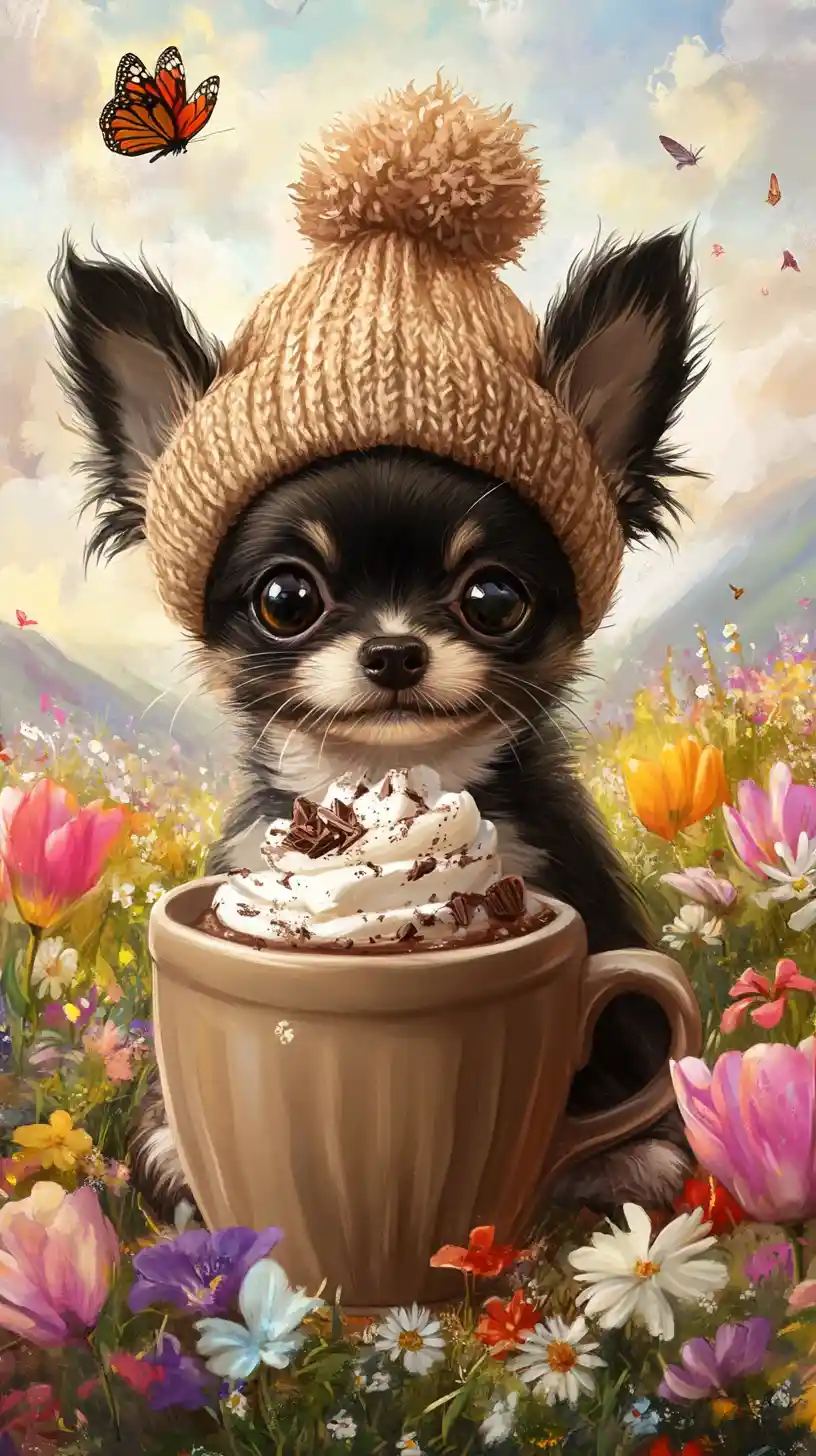 Cute chihuahua in beanie with cocoa in spring meadow
