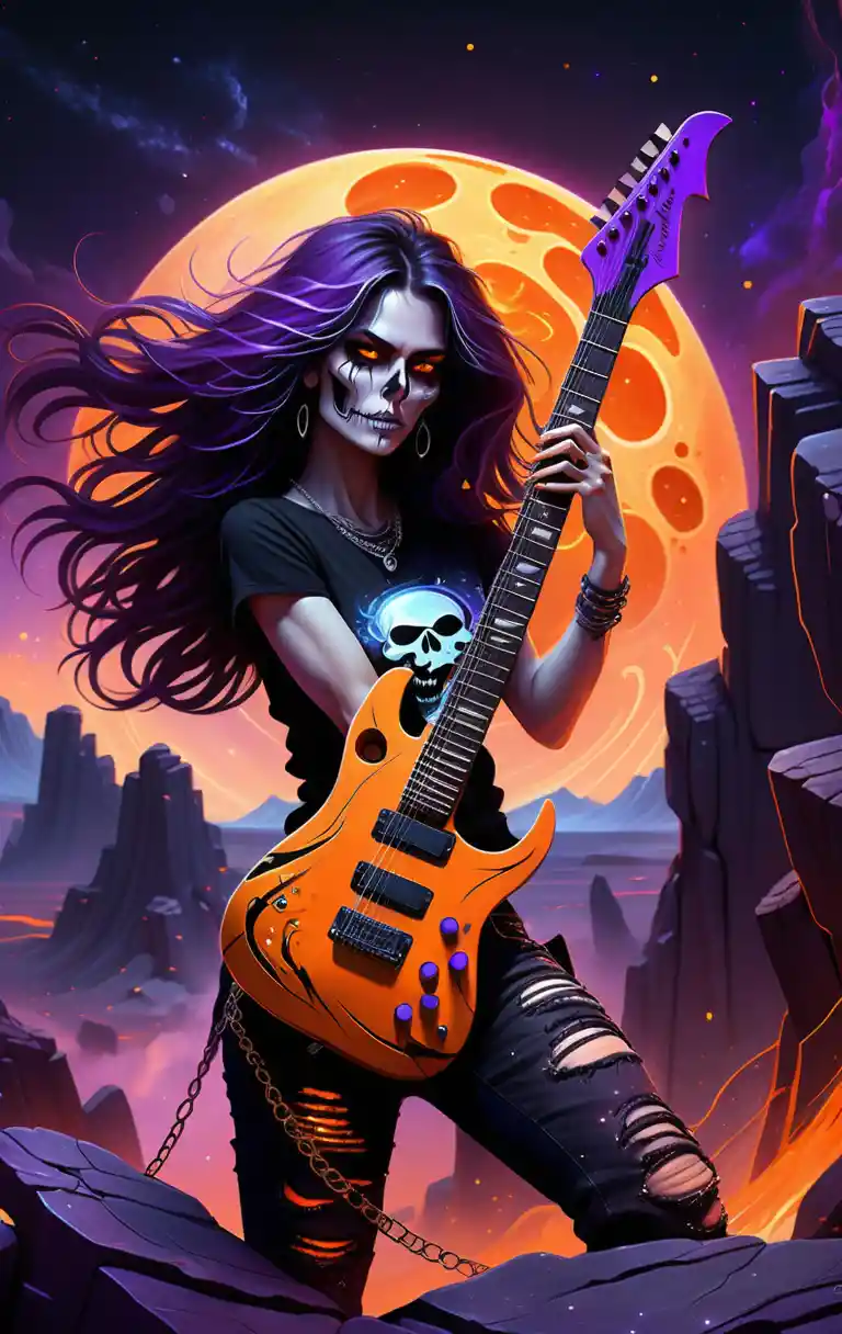 Fierce guitar goddess on a cosmic cliff at night