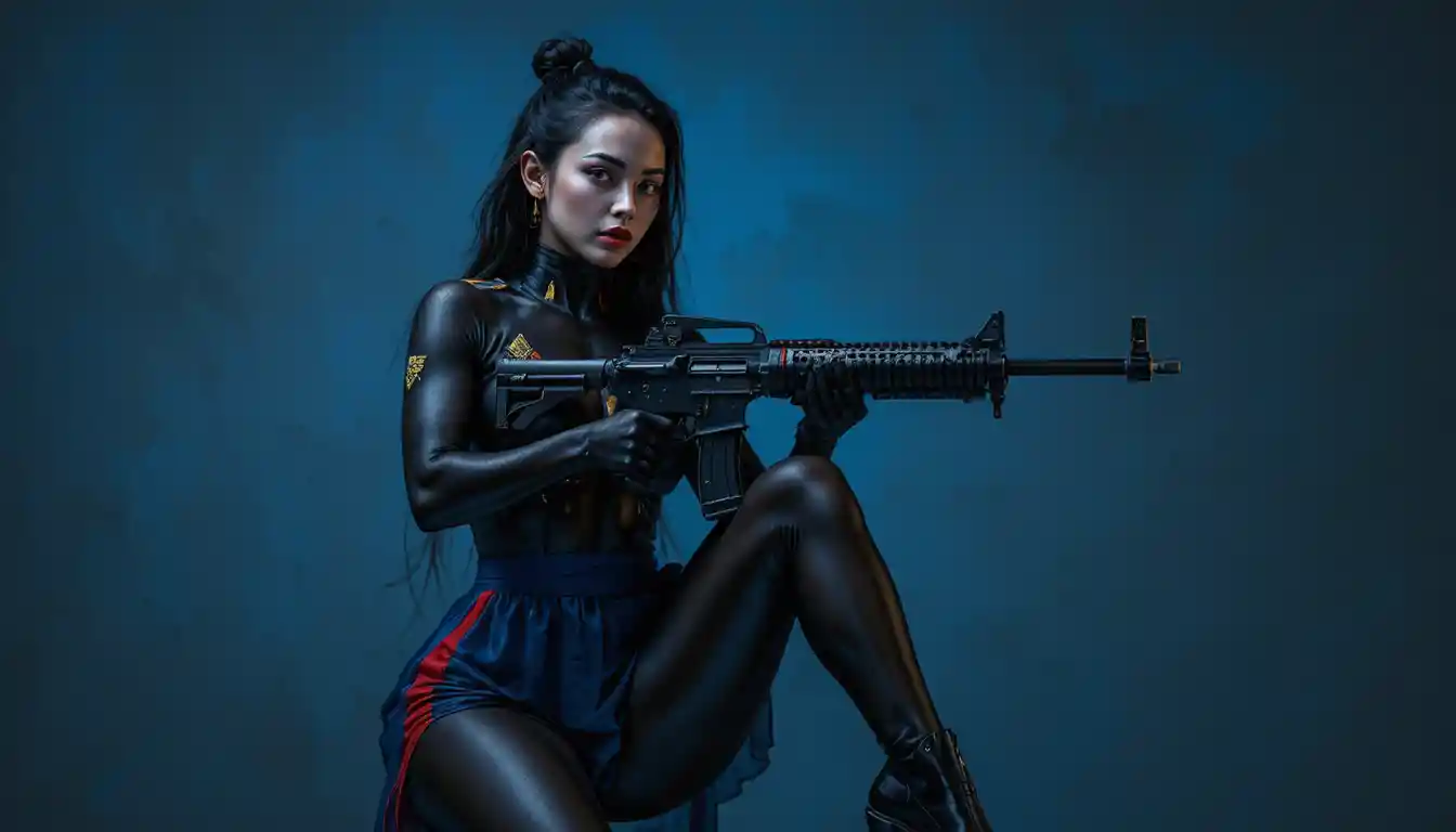 Woman in naval body paint holding an assault rifle