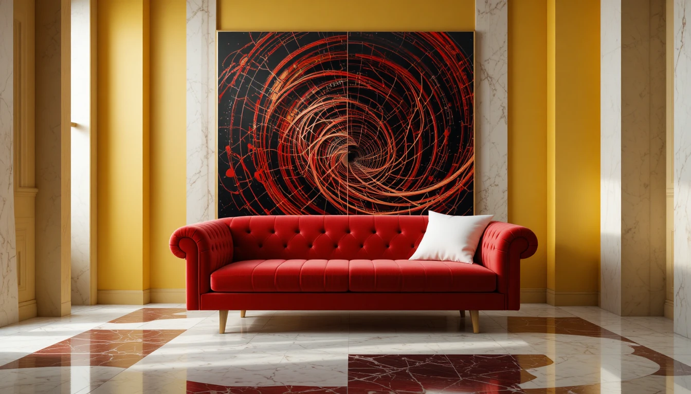 Red and white sofa in a yellow room with portal
