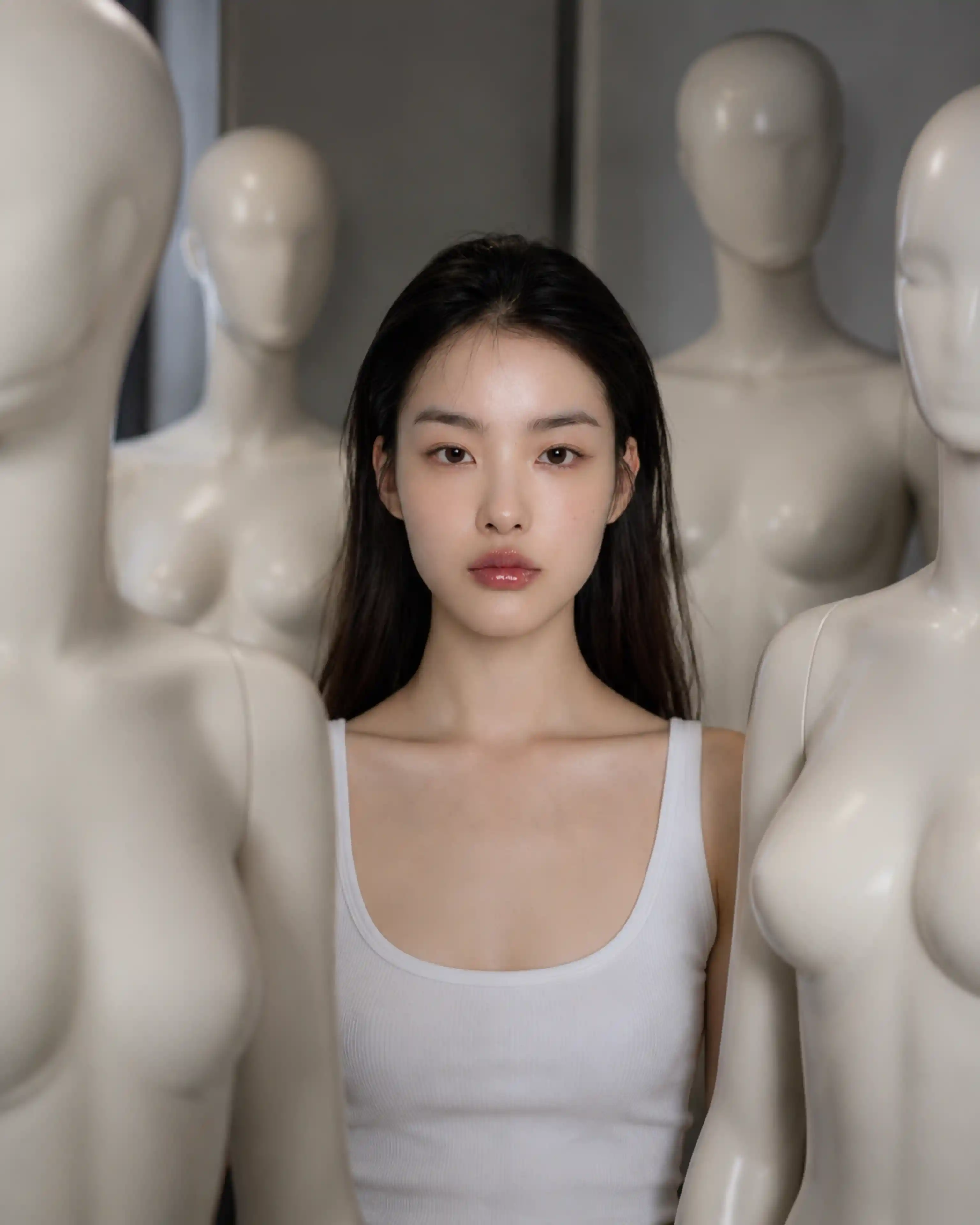 Young woman among mannequins staring blankly at camera