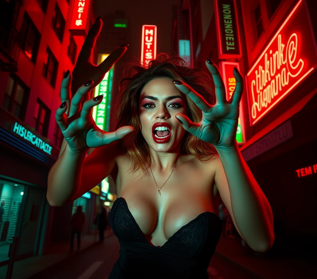 Ethereal woman in neon nightmare city of grasping shadows