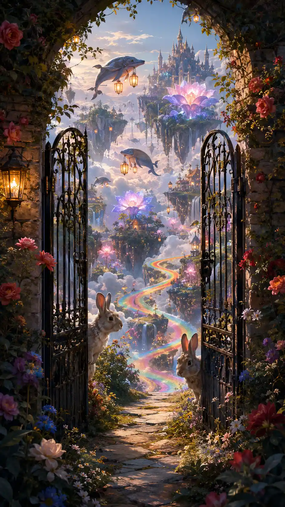 Cottage garden gate opening into a surreal fantasy world