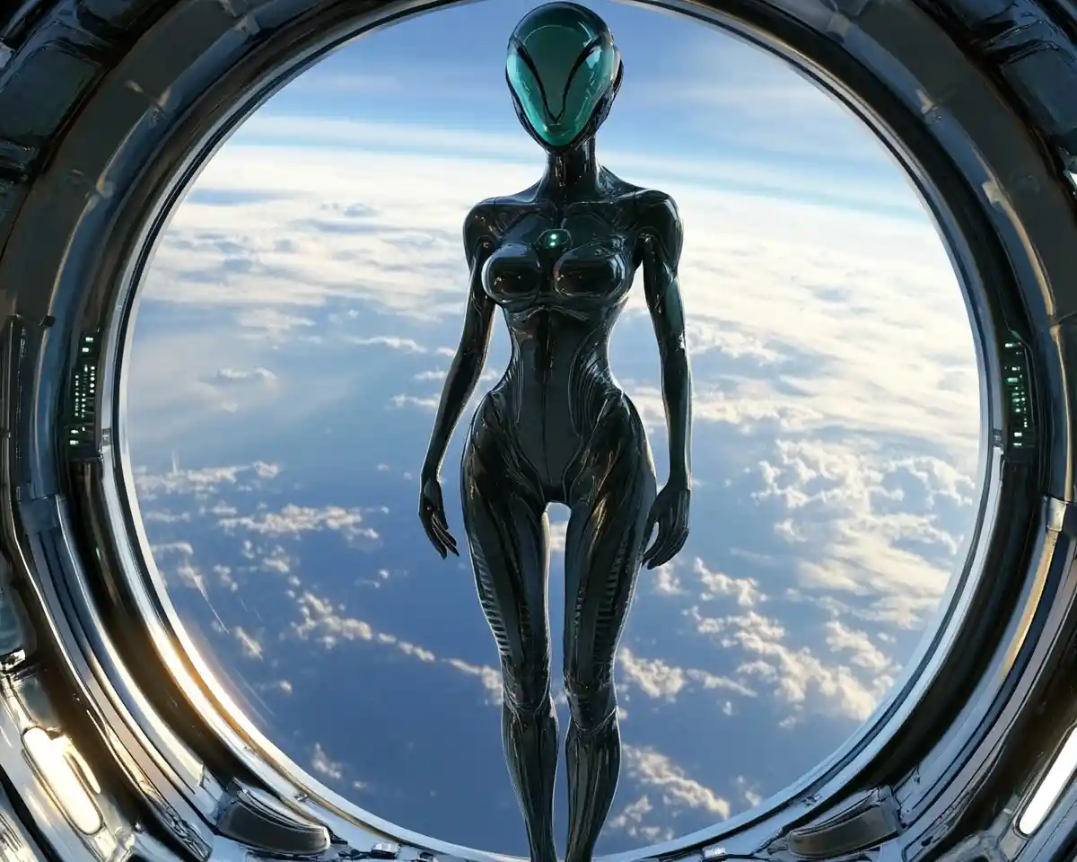Alien woman standing on a spaceship bridge above Earth