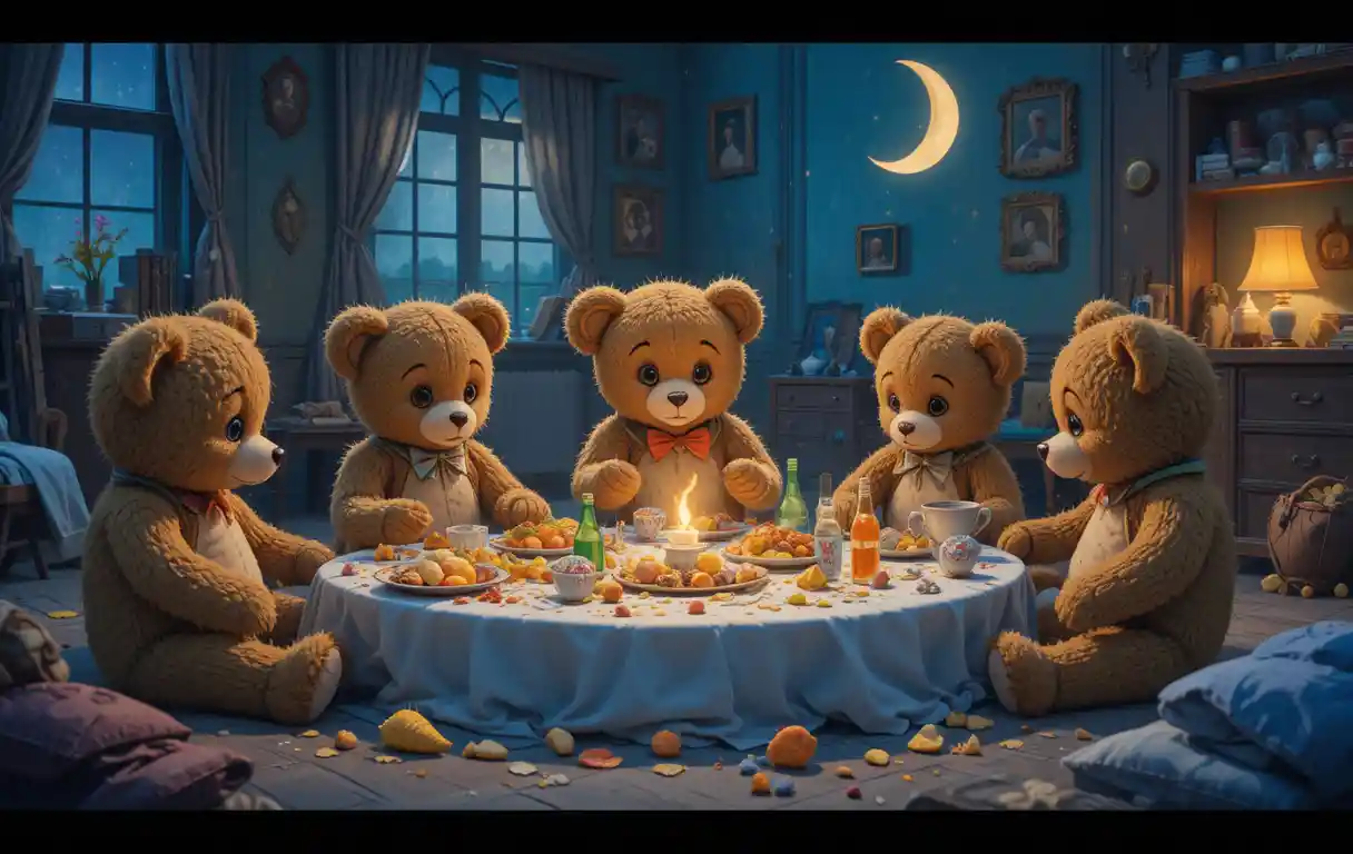 Teddybär-Bankett im gemütlichen Kinderzimmer bei Nacht