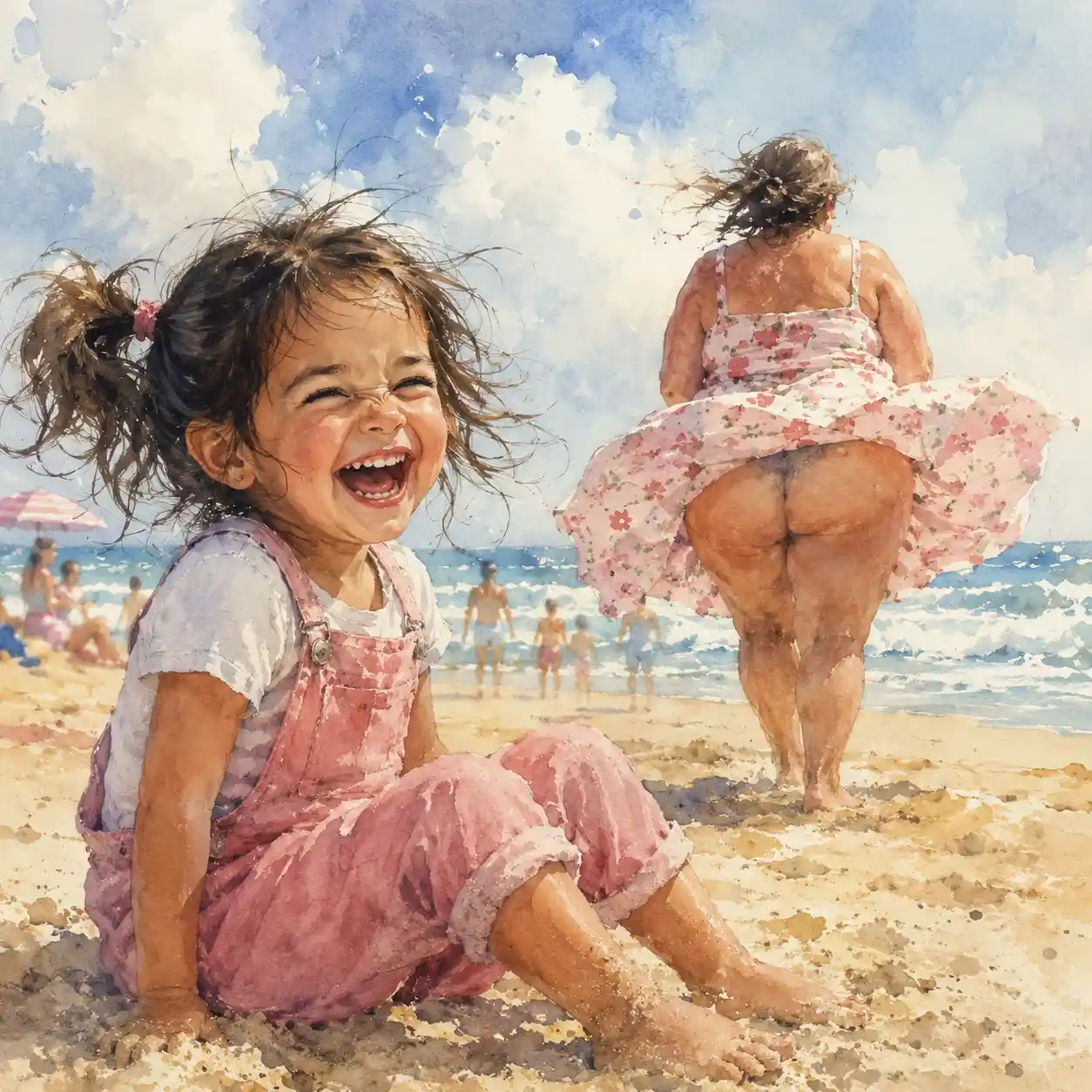 Laughing girl sitting on the beach in watercolor illustration
