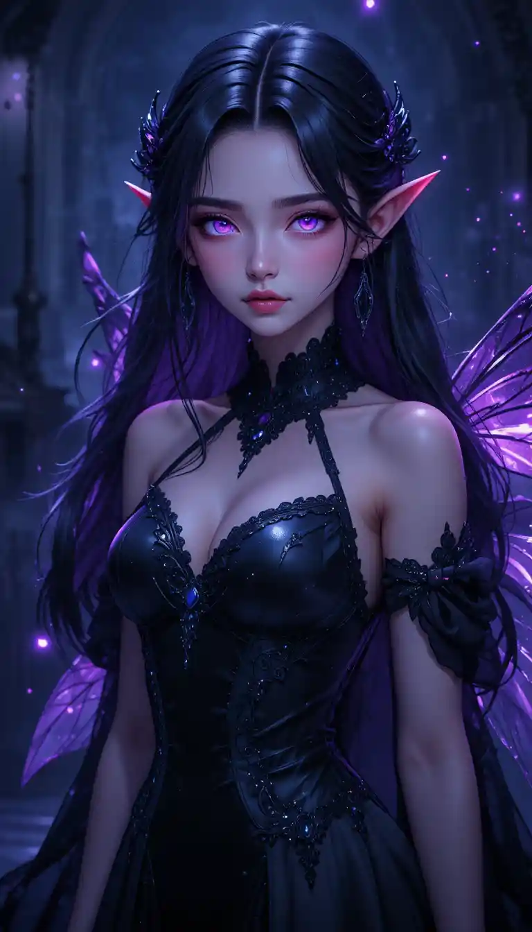 Dark elf fairy girl with glowing violet eyes