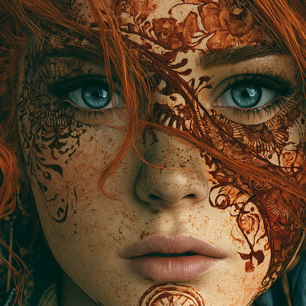 Surreal portrait of a sad blue eyed woman with henna
